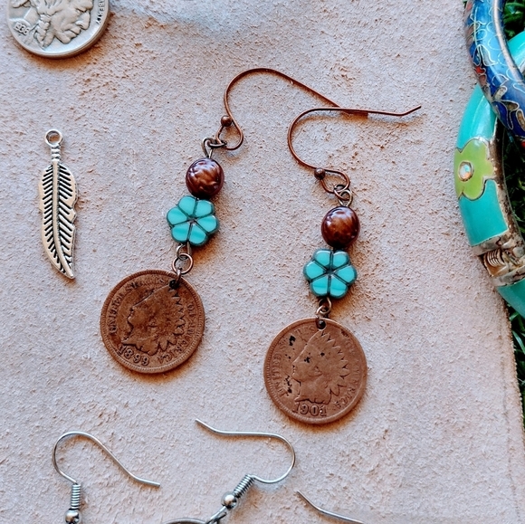 Sale ANTIQUE Handmade Turquoise Flower Indian Head Penny French Hook Earrings - Picture 5 of 11